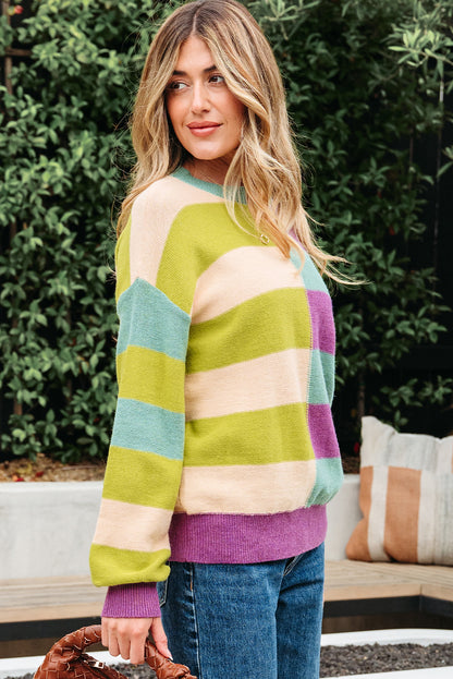Green Stripe Drop Shoulder Ribbed Edge Casual Sweater