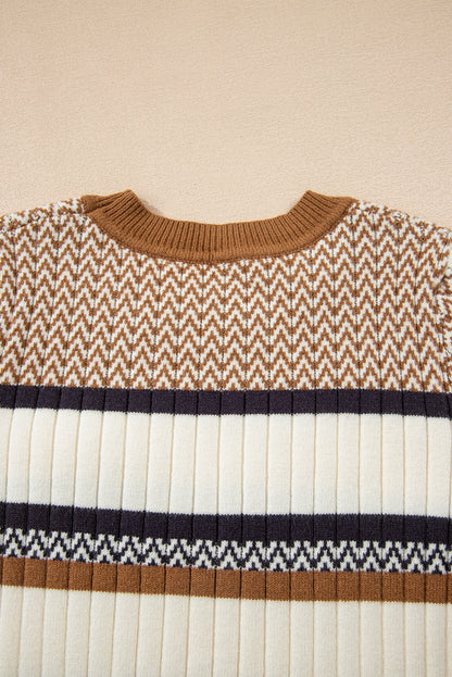 Brown Stripe Stylish Pattern Knitted Ribbed Trim Slim Sweater