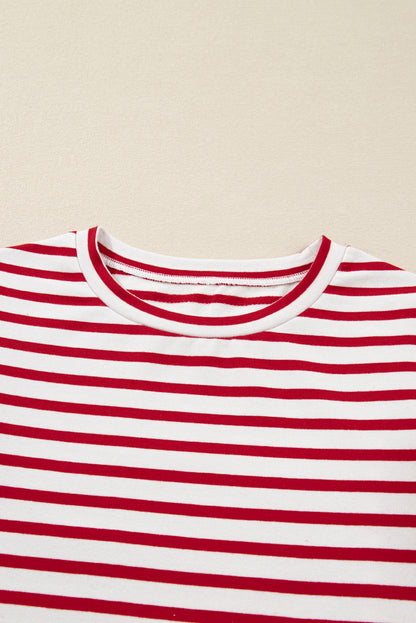 Red Stripe Round Neck Ruffle Trim Long Sleeve Top