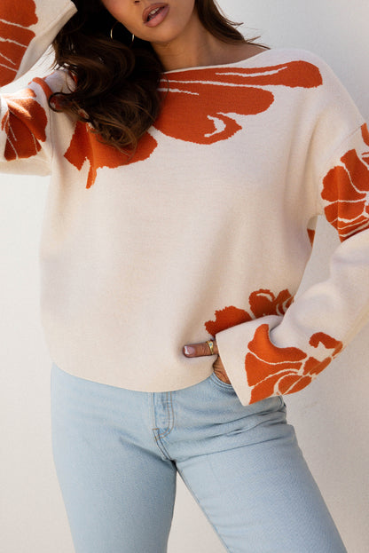 Beige Bold Flower Pattern Wide Sleeve Baggy Sweater