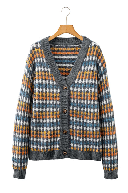 Multicolour Dotty Pattern Knit Button Front V Neck Sweater Cardigan