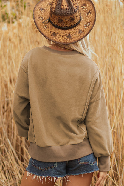 Dark Khaki Fuzzy Sherpa Splicing Pullover Sweatshirt with Side Slit
