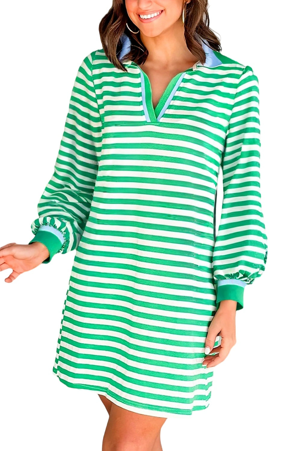 Green Striped Contrast Collar Split Neck Long Sleeve Mini Dress