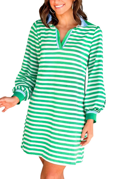 Green Striped Contrast Collar Split Neck Long Sleeve Mini Dress