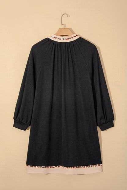 Black Contrast Color Block Leopard Trim Plus Size Ribbed Dress