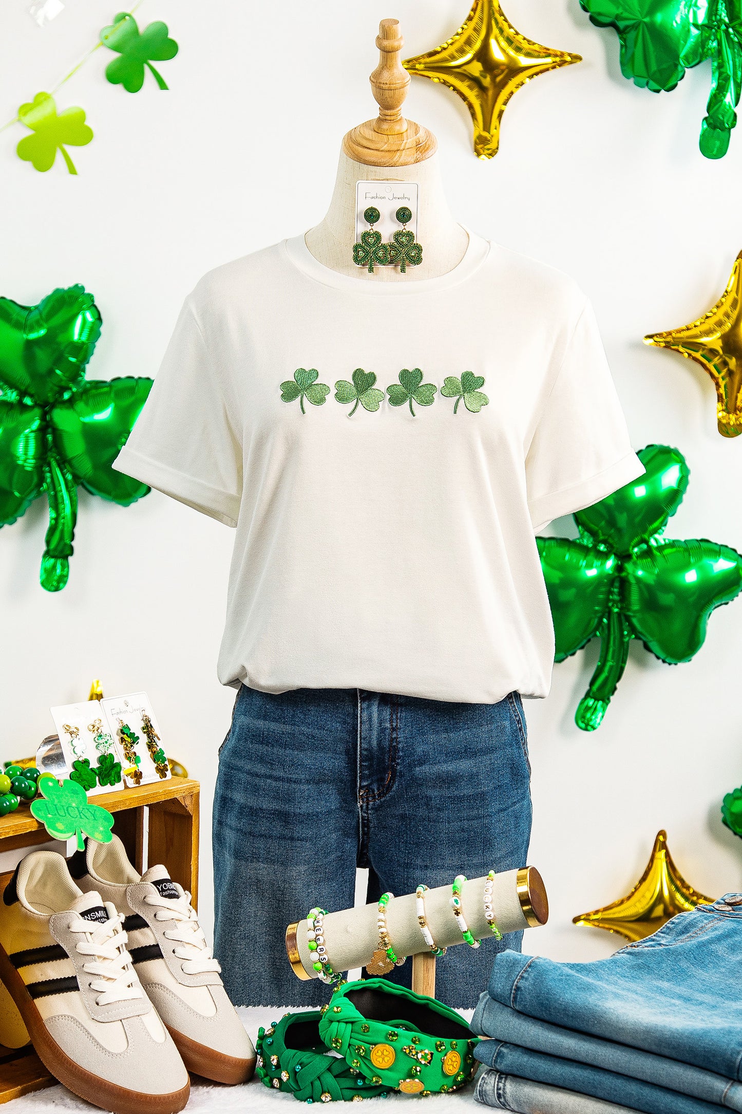 White Embroidered Clover St Patricks Fashion Graphic Tee