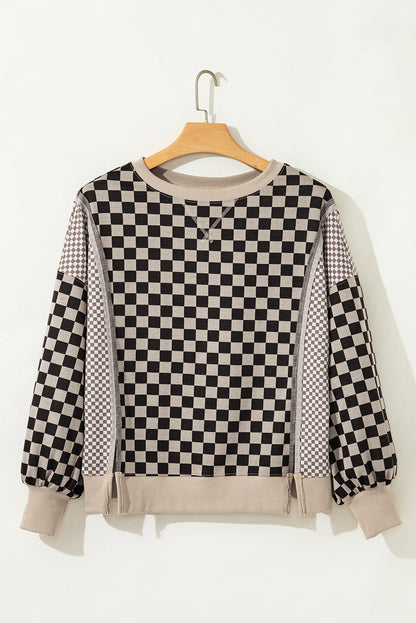 Khaki Mixed Checkered Pattern Patchwork High Low Casual Top