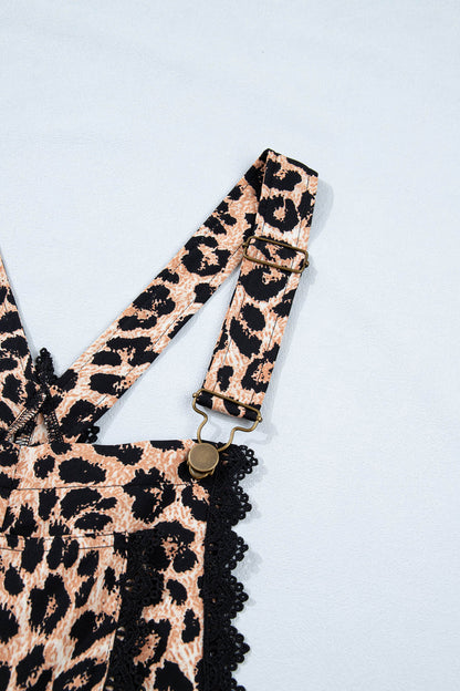 Khaki Cheetah Printed Contrast Lace Detail Ruffled Wide Leg Jumpsuit