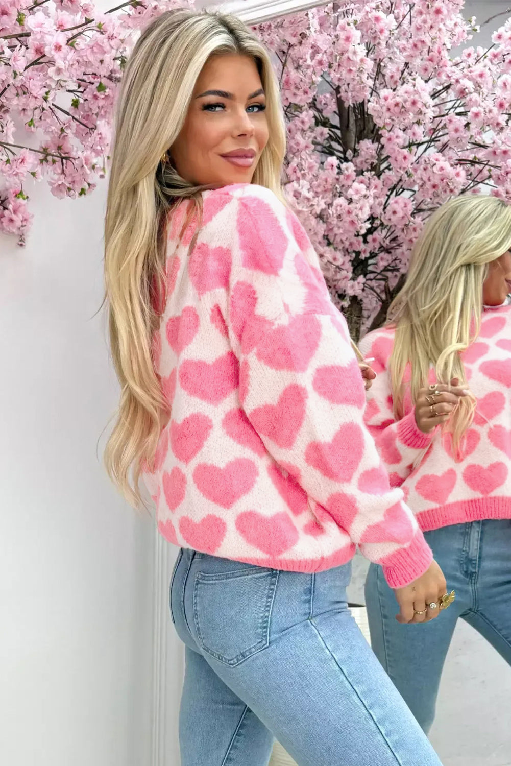 Strawberry Pink Valentine Heart Print Knit Sweater