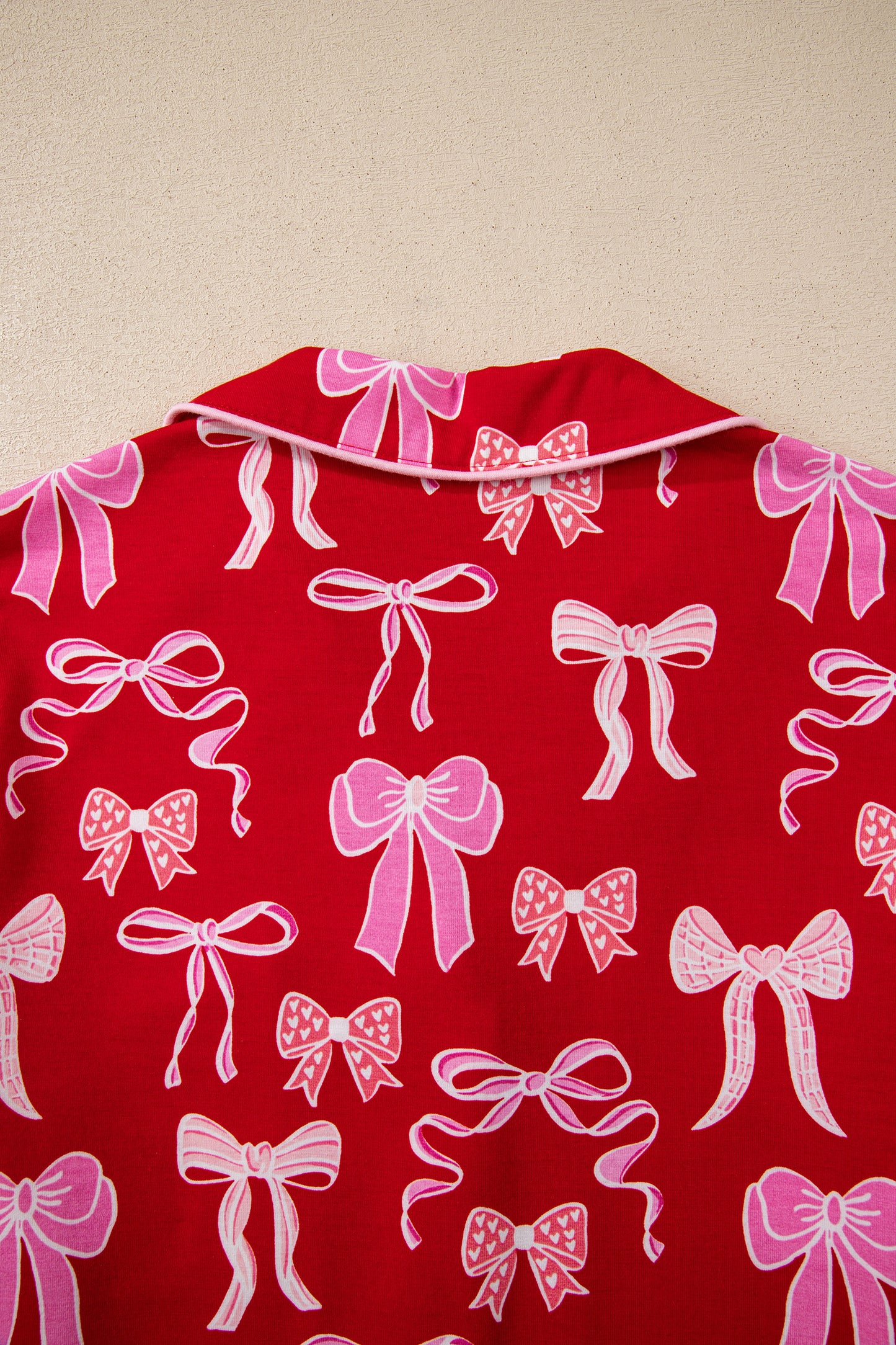 Red Sweet Bow Print Shirt Style Top Long 2pcs Pajama Set