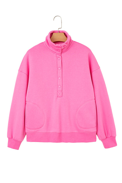Bright Pink Half Button Stand Neck Drop Shoulder Sweatshirt