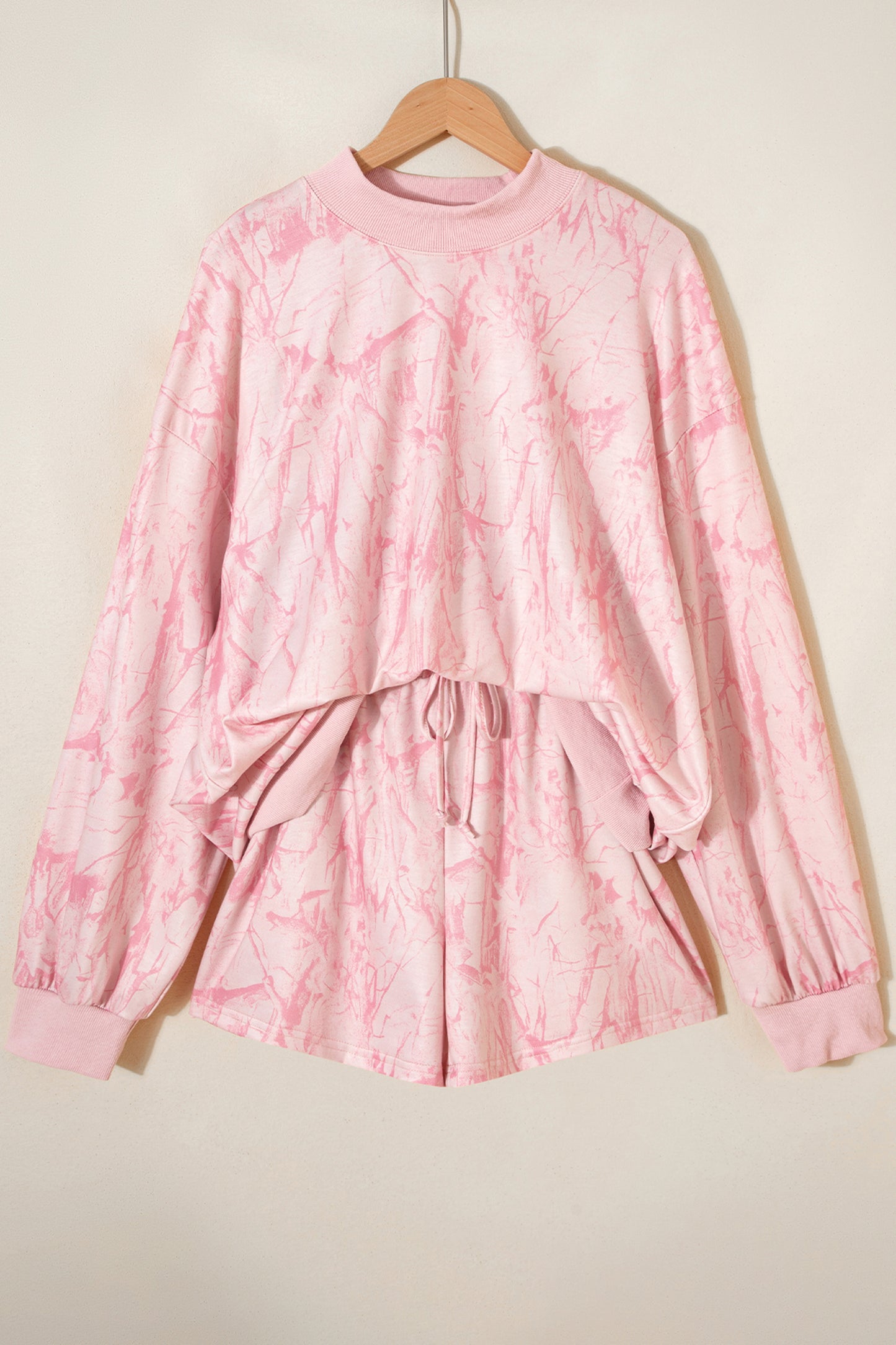 Pink Mock Neck Pullover and Shorts Camo Set