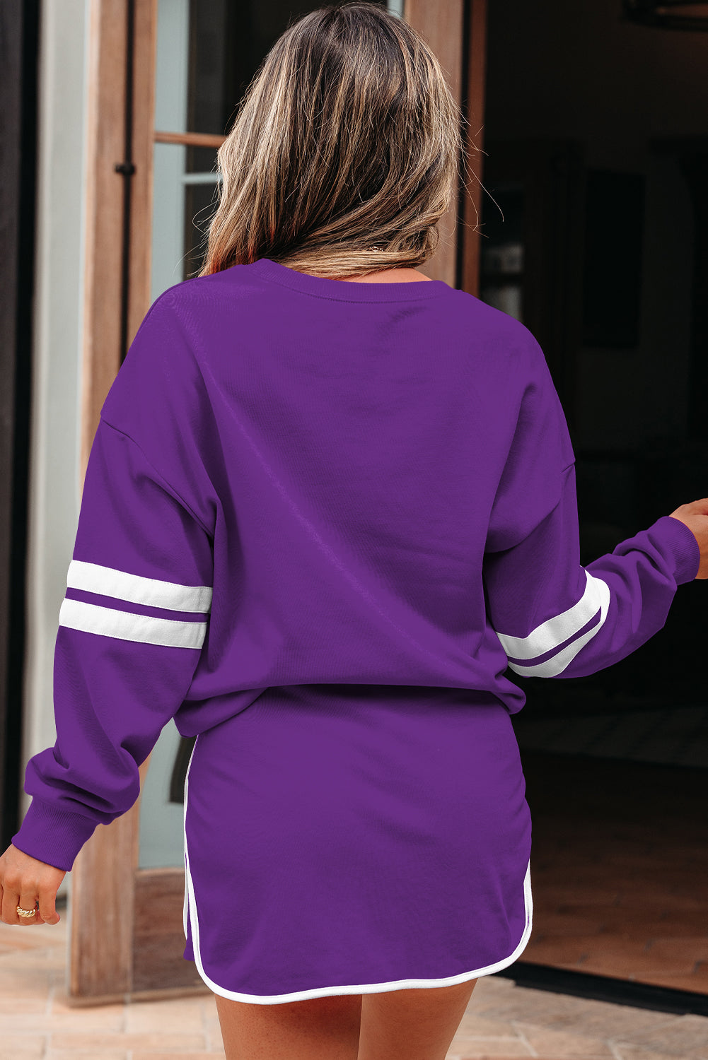 Sky Blue Varsity Stripe Detail Drop Shoulder Pullover Mini Skirt Set