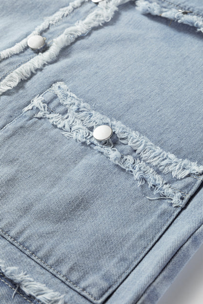 Beau Blue Frayed Edge Flap Pockets Denim Vest Jacket