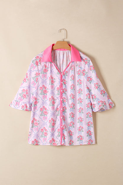 Purple Floral Collared Ruffled Half Sleeve Shirt