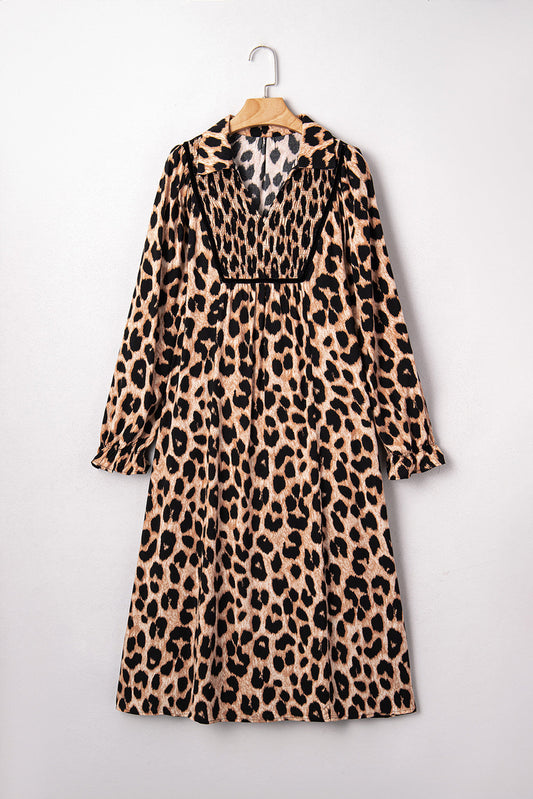 Brown Leopard Print Smocked Detail Flowy Midi Dress