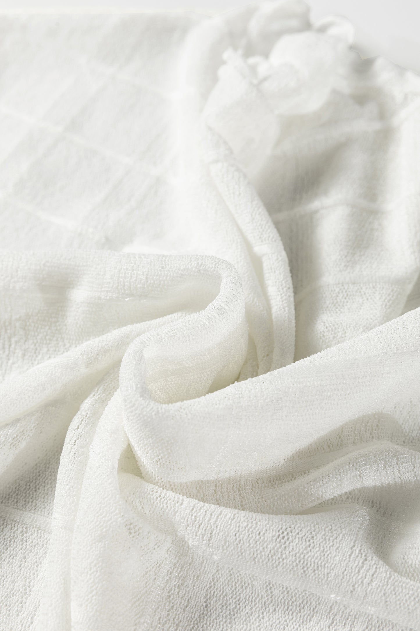 White Sheer Plaid Mesh Lettuce Trim Slim Fit Long Sleeve Top