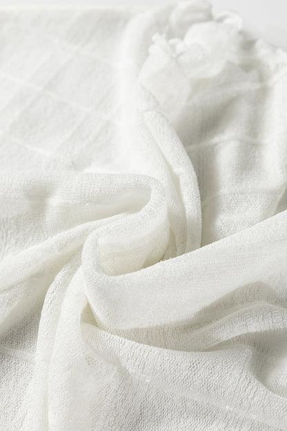 White Sheer Plaid Mesh Lettuce Trim Slim Fit Long Sleeve Top