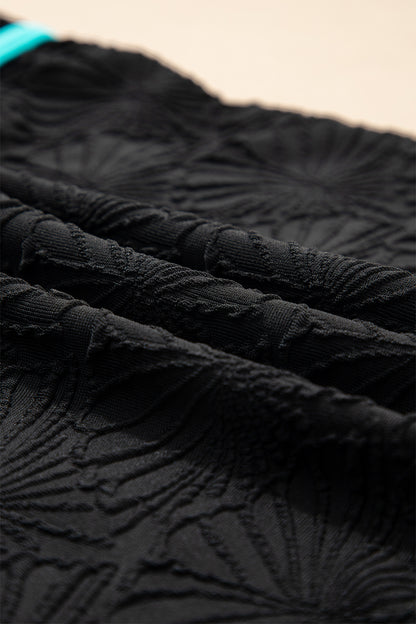 Black Floral Textured Neon Trim V Neck Crisscross Backless Tankini Set