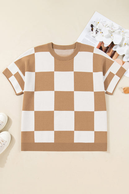 Light French Beige Plus Size Checkered Pattern Knit Short Sleeve Sweater