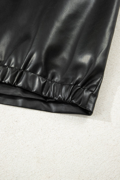 Black Double Flap Pocket Faux Leather Zip Up Stand Neck Vest