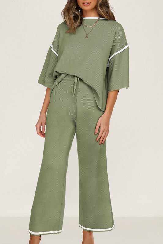 Guacamole Green Contrast Trim Half Sleeve Top Drawstring Pants Loose 2pcs Sweater Suit