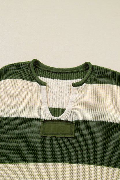 Green Stripe Colorblock Notched Neck Plus Size Sweater