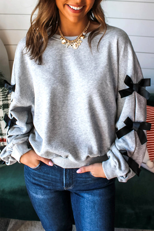 Light Grey Contrast Bow Applique Drop Sleeve Round Neck Sweatshirt