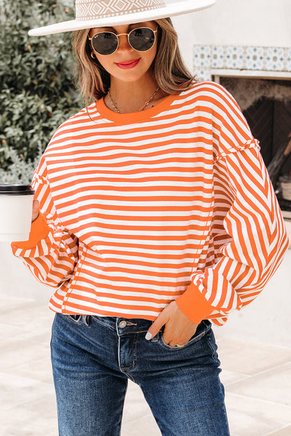 Red Stripe Exposed Seam Drop Shoulder Casual Pullover Top