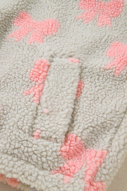 Gray Bow Sherpa Quarter Zip Drop Shoulder Baggy Sweatshirt