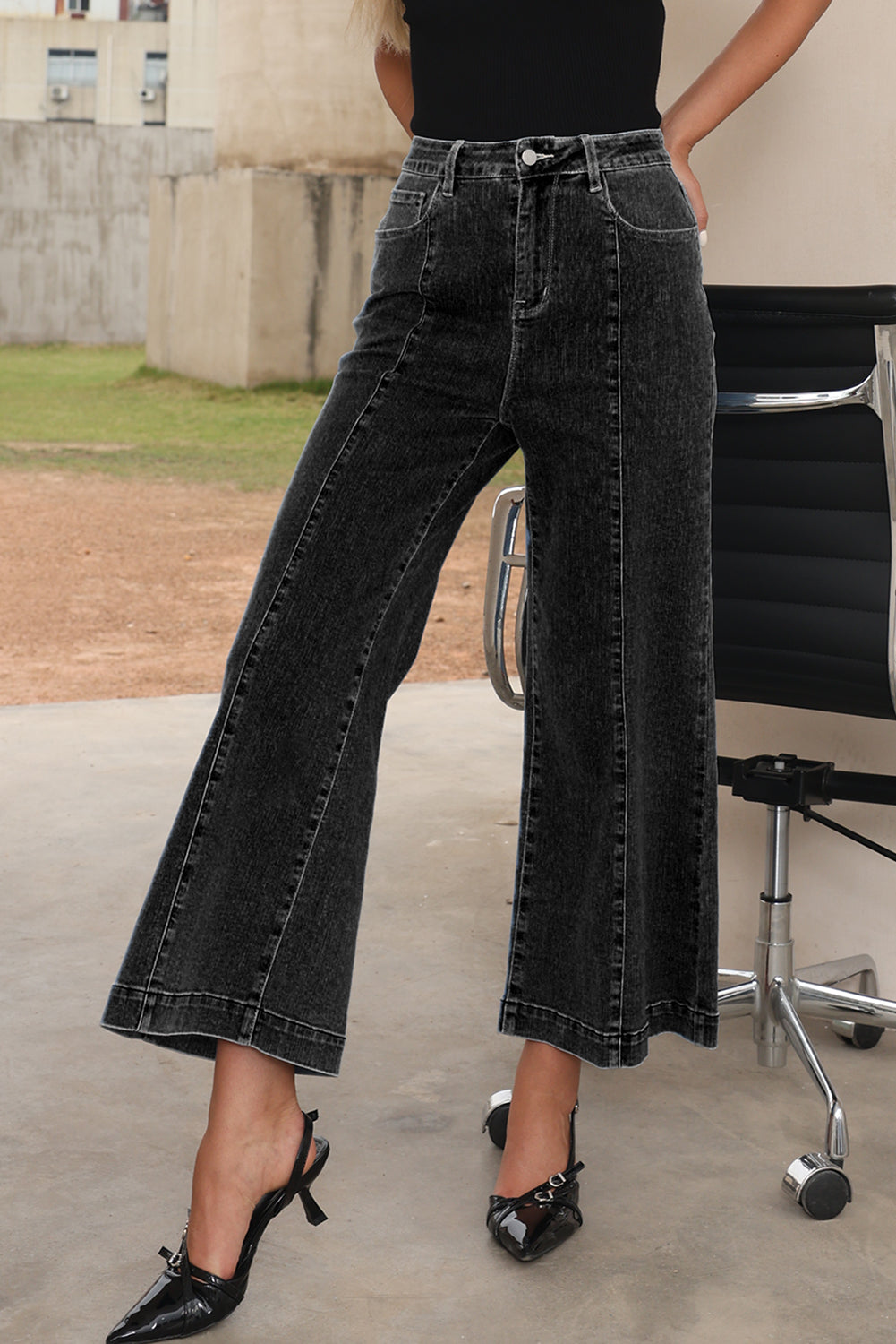 Dark Blue Plain Seam Detail Flared Bottom Ankle Length Jeans