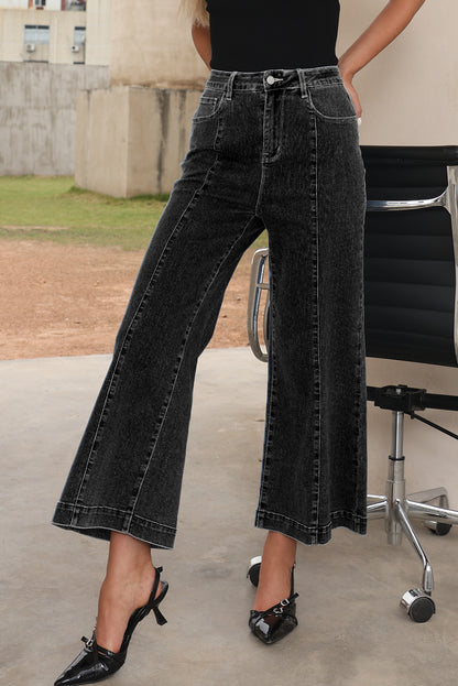 Dark Blue Plain Seam Detail Flared Bottom Ankle Length Jeans
