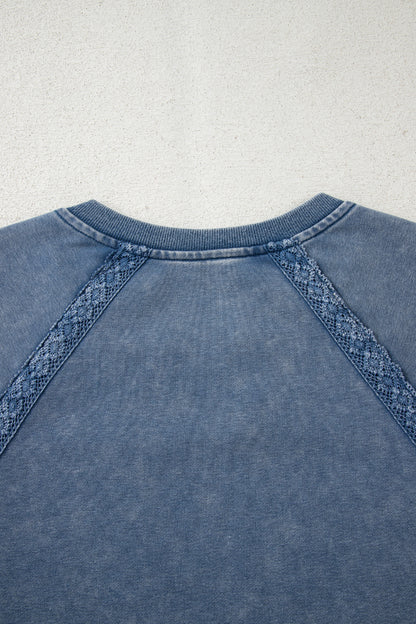 Red Dahlia Lace Patchwork Detail Notched Neck Mineral Wash Baggy Sweatshirt
