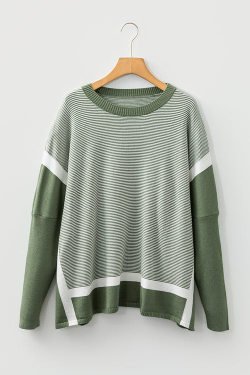 Green Stripe Color Block Patchwork Dolman Oversize Tunic Sweater