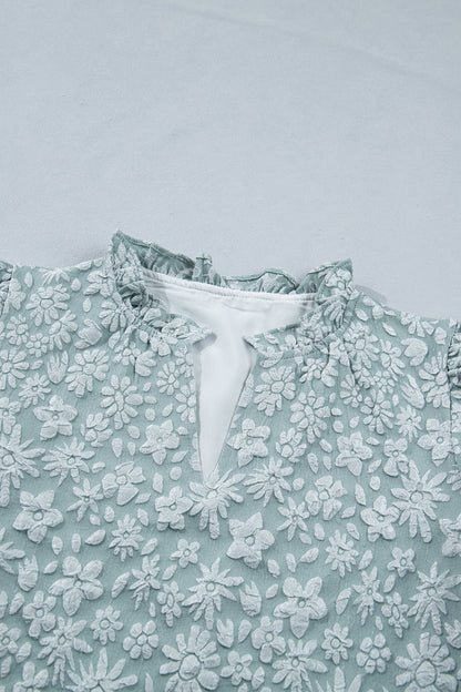 Iceland Blue Floral Textured Jacquard Puff Sleeve Blouse