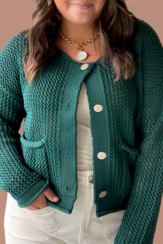 Blackish Green Plus Size Golden Accent Buttons Short Sweater Cardigan