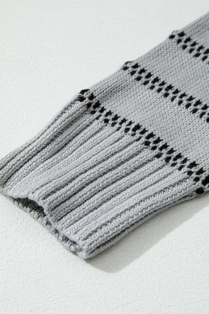 Gray Stripe Button Front Ribbed Trim Short Cardigan