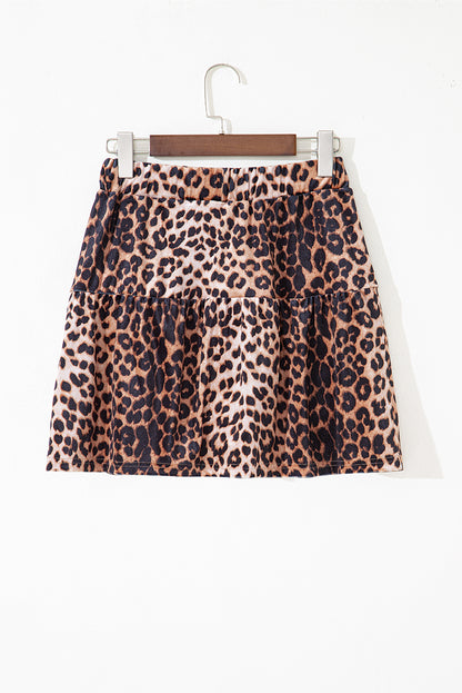 Brown Leopard Tiered Patchwork Hot Mini Skirt