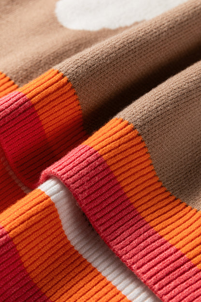 Smoke Gray Big Flower Pattern Contrast Striped Baggy Sweater