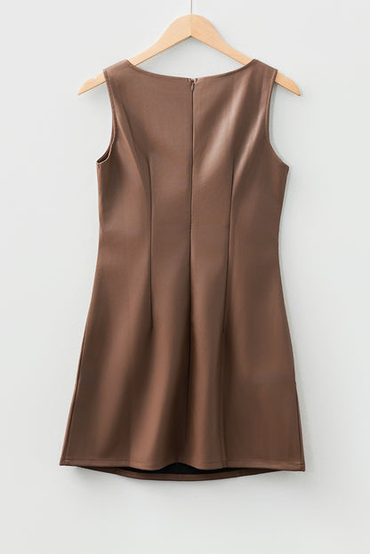 Coffee Vegan Leather Sleeveless Mini Dress