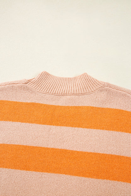 Orange Stripe Color Block High Neck Drop Shoulder Cozy Sweater