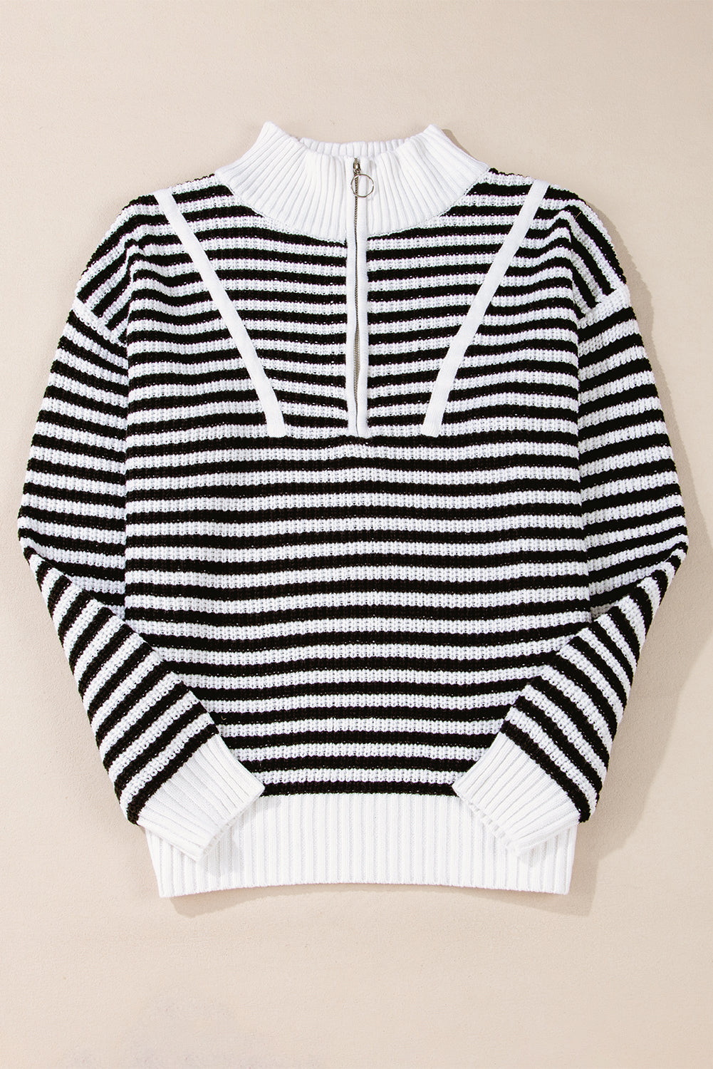 Khaki Stripe Zip up Collar Drop Shoulder Sweater