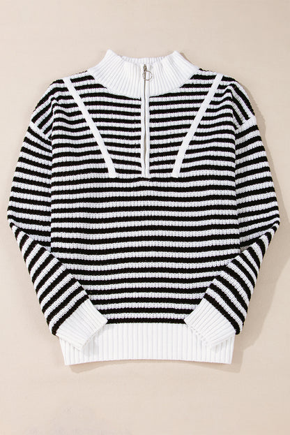 Khaki Stripe Zip up Collar Drop Shoulder Sweater
