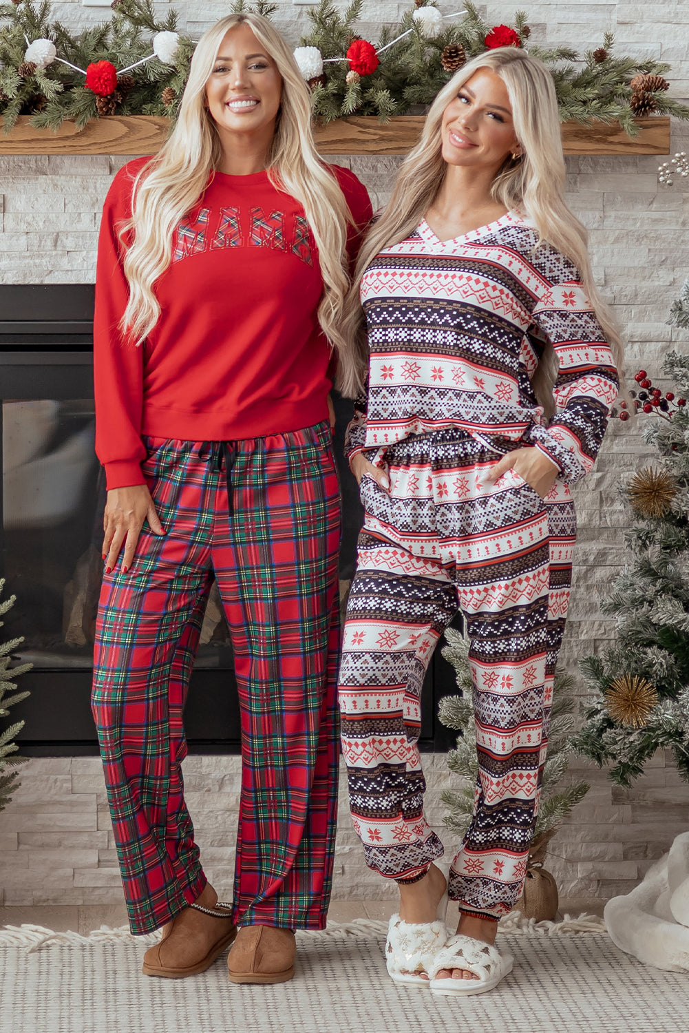 Red Plaid Mama Graphic Christmas Holiday Crewneck Pullover and Pants Two Piece Lounge Set
