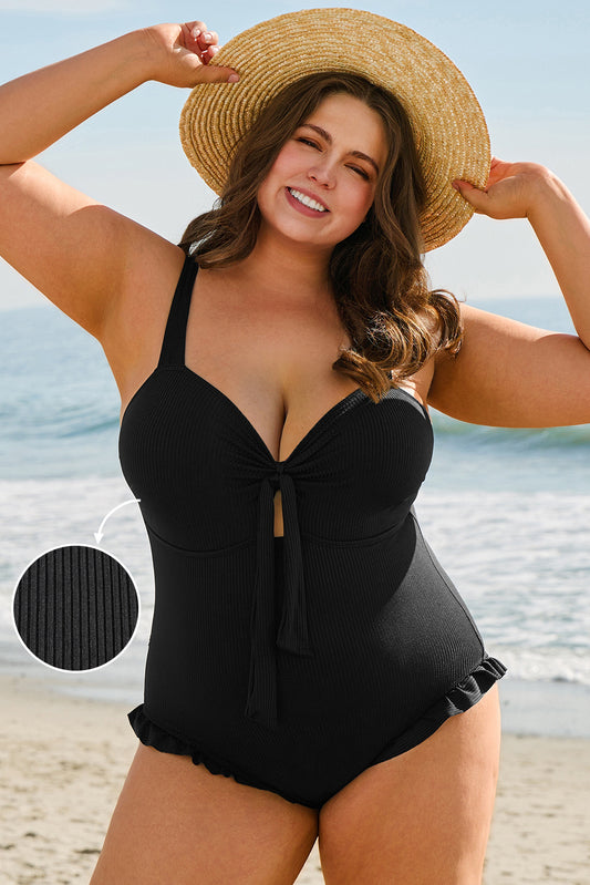 Black Plus Size Textured Knotted Ruffled Trim One Piece Swimwear