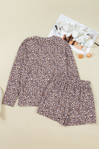 Khaki Leopard Ribbed Long Sleeve Top Drawstring Shorts 2pcs Outfit