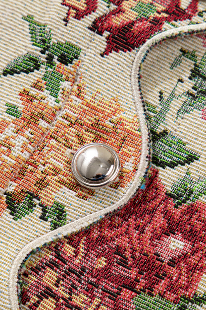 Apricot Buttoned Front Scalloped Trim Mini Jacquard Floral Skirt