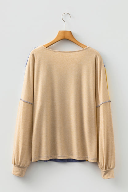 Sail Blue Exposed Stitching Colorblock V Neck Long Sleeve Top