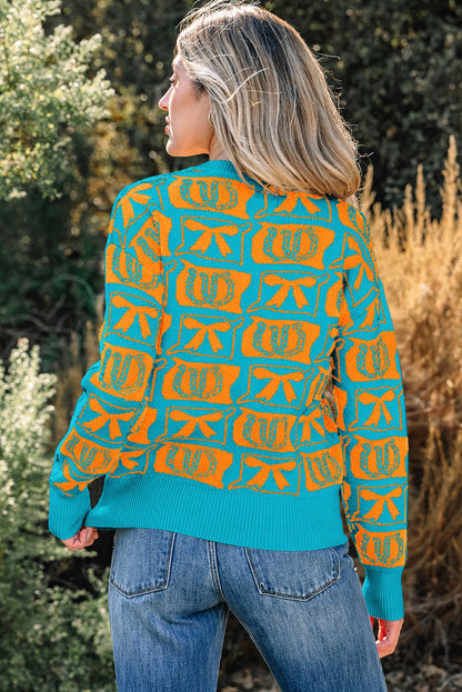 Light Blue Bows & Horseshoes Pattern Western Fashion Print Sweater