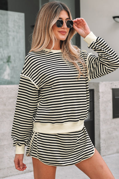 Brown Stripe Textured Drop Shoulder Pullover Top Drawstring Mini Skirt Two Piece Dress Set